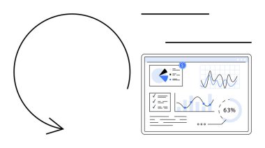 Ok dikkatleri pasta grafikleri, çizgi grafikleri ve analitik gösteren veri paneline yönlendirir. Veri analizi, süreç akışı, istatistik, strateji, KPI izleme, karar verme kavramları için ideal