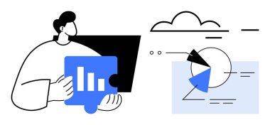 Bulut ve turta grafiklerinin yanında çubuk grafiği olan bir yapboz parçası. Takım çalışması, veri analizi, bulut hesaplama, yenilik, problem çözme, iş stratejisi ve teknoloji için ideal. Düz basit