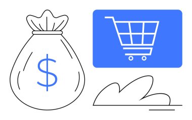 Dijital alışveriş arabasının yanında dolar işareti olan para çantası, online alışveriş, perakende yatırımlar ve e-ticaret öneriyor. Pazarlama, finans, tasarruf, büyüme ve işlemler için ideal bütçe
