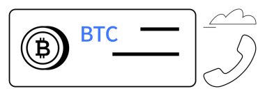 Üzerinde BTC metni olan Bitcoin logosu, işlem detaylarına benzeyen yatay hatlar, telefon alıcısı ve bulut. Kripto para birimi, fintech, iletişim, finans, engelleme teknolojisi ağı için ideal