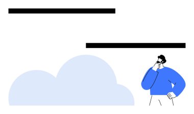 Mavi gömlekli şahıs bulut şekli ve yatay çizgiler altında düşünüyor. Beyin fırtınası, yaratıcılık ya da soyut kavramlara işaret ediyor. Yenilik, strateji, düşünme, planlama, karar verme için ideal