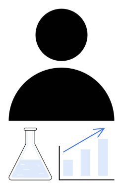 Laboratuvar matarasının üzerinde sıvı ve yukarı doğru ok olan bir tablonun siyah silueti. Bilim, eğitim, araştırma, yenilik, büyüme, ilerleme ve hedefe ulaşma için idealdir. Düz basit