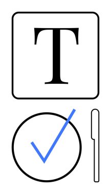 Kare şeklinde büyük harf T, mavi işaretli büyük bir daire ve bir bıçak. Tipografi, onay, yemek, minimalizm, basitlik görev tamamlama verimliliği için idealdir. Düz basit metafor