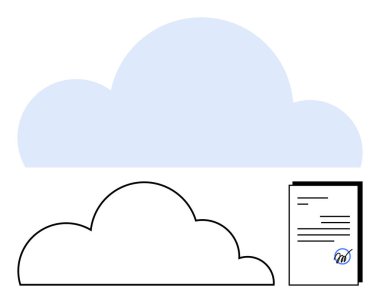 Büyük bulut silueti, daha küçük çizgili bulut ve imzalı belge. Dijital depolama, bulut hesaplama, veri yönetimi, e-imzalar, iş akışı, güvenlik dairesi basit metaforu için ideal