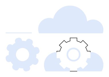 Bulutların altında birbirine kenetlenen dişliler sistem entegrasyonu, veri işleme ve kişiselleştirmeyi vurguluyor. Teknoloji, bulut hesaplama, mühendislik, veri optimizasyonu, bilişim hizmetleri, dijital