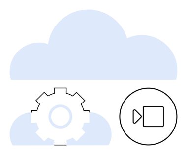 Dişli ve ortam oynatma simgelerine sahip büyük bulut grafiği dijital depolama, sistem ayarları ve medya yönetimini vurguluyor. Teknoloji, yazılım, dijital araçlar, bulut hesaplama, akış için ideal