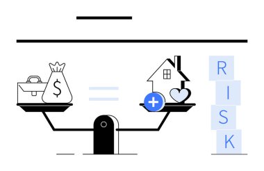 Para çantası ve çanta ile ev, kalp ve tıbbi tabela arasındaki dengeyi sağlıyor. Blok harfler risk demek. Finans, risk analizi, sigorta, karar verme, strateji öncelikleri için ideal