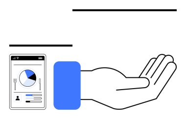 El, analitik, pasta grafiği ve uygulama arayüzünü gösteren mobil bir cihazla eşleştirilmek üzere uzatıldı. Veri yönetimi, teknik yardım, hayır kurumu, eğitim, işbirliği, finans dairesi için ideal