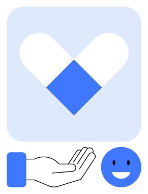 Mavi ve beyaz şekilleri birleştiren kalp, iyiliğin simgesi olan açık avuç içi ve mutluluğun simgesi olan gülen yüz. Sağlık, destek, güven, bakım, yardım, pozitiflik için ideal basit bir metafor.