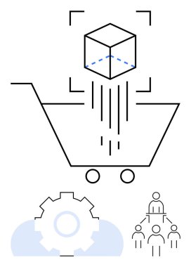 3 boyutlu ürün taramalı alışveriş arabası, otomasyonu temsil eden teçhizat, işbirliğini sembolize eden insan ağı. E-ticaret, takım çalışması, otomasyon, yenilik, dijital süreçler için ideal