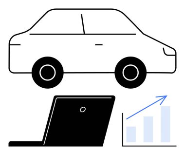 Basit araba tasarımı, dizüstü bilgisayar ve büyüme grafiği yenilik, iş büyümesi, veri analizi, ulaşım teknolojisini gösteriyor. Hareketlilik, iş dünyası ve teknoloji eğilimleri için ideal yenilikçilik sürdürülebilirliği