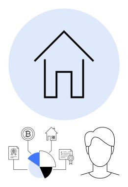 Mavi daire içindeki ev simgesi, finansal unsurlar arasında bir pasta grafiği, kripto para birimi, sertifika ve kullanıcı profili taslağı yer alıyor. Gayrimenkul, finans, kripto para, yatırım amaçlı emlak için ideal