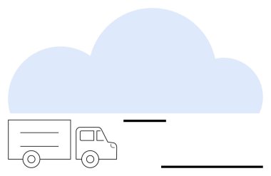 Lojistiği, dijital entegrasyonu ve teknolojiyi sembolize eden bir bulutun önünde minimalist dağıtım kamyonu. Bulut depolama, yenilik, ulaşım, veri yönetimi, dijital platformlar için ideal