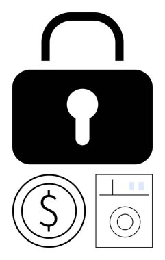 Dairesel anahtar deliğiyle asma kilit, dolar madeni para ikonu ve mali güvenliği, işlemleri ve mahremiyeti simgeleyen ATM taslağı. Bankacılık, siber güvenlik, ekommerce, koruma veri güvenliği için ideal