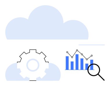 Teçhizatlı bulut, çubuk grafik ve bulut bilgisayarını, veri analizini ve teknoloji entegrasyonunu temsil eden büyüteç. Yenilik, analitik, araştırma, optimizasyon veri depolama için ideal