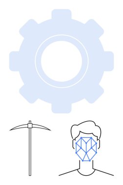 Dişliler teknolojiyi temsil ediyor, kazma madenciliği sembolize ediyor ve geometrik yüz tanımayı simgeliyor. Yenilik için ideal, yapay zeka, teknoloji, endüstri, güvenlik dijital dönüşüm bağlantısı. Düz