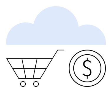 Alışveriş arabasının üstündeki bulut ve dolar madeni para e-ticareti, dijital işlemleri ve bulut hesaplamasını simgeliyor. Çevrimiçi alışveriş, bulut hizmetleri, dijital ekonomi, iş büyümesi ve fintech için ideal