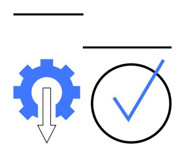 Aşağı doğru oklu mavi dişli ve daire içinde kalın işaretli. İş akışı, ilerleme, verimlilik, başarılar, kalite, hedefler, başarı için ideal. Düz basit metafor