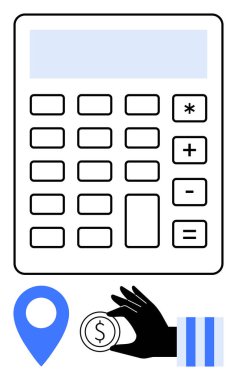 Finans için anahtar işlevlere sahip hesap makinesi, tasarruf veya işlemler için para tutmak, lojistik veya hizmetleri işaret eden konum belirleyici. Muhasebe, bütçe, finans, lojistik için ideal