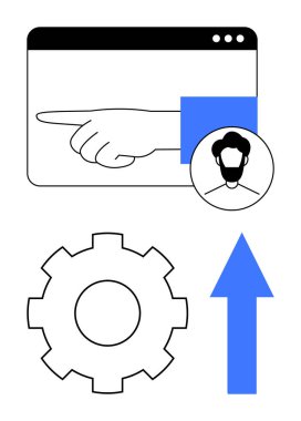 Tarayıcı penceresinde el gösterimi, kullanıcı profili simgesi, dişli temsil süreci, yukarı doğru ok büyümeyi işaret ediyor. Dijital arayüz için ideal, kullanıcı bindirme, ayarlar, ilerleme, navigasyon