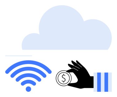 Kara El, bulut ve mavi kablosuz sinyalin altında dolar işareti olan bozuk parayı tutuyor. Dijital parasal işlemleri ve iletişim teknolojisini simgeliyor. Yenilik, fintech, bağlantı için ideal