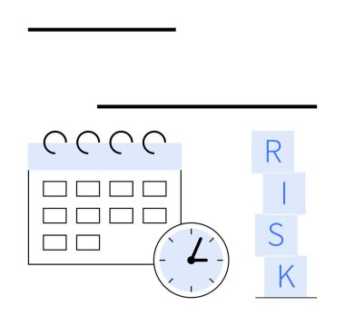 Zaman yönetimini sembolize eden saatli takvim. RISK 'i heceleyen mavi bloklar stratejik planlamayı vurguluyor. İş planlama, karar verme, teslim tarihleri, programlar, verimlilik için ideal
