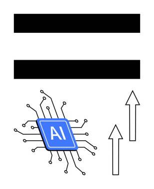 Eşitlik işareti ve yukarı doğru oklarla çevrili yapay zeka çipi teknolojik yenilikleri, büyümeyi, eşitliği ve ilerlemeyi simgeliyor. Yapay zeka geliştirme, teknoloji, yenilik ve eşitlik için ideal