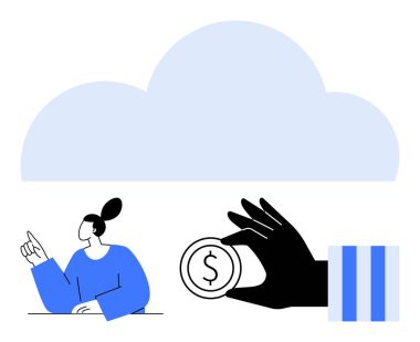 Bir çözümü işaret eden kadın, yatırımı veya değeri gösteren parayı tutan el ele tutuşan kadın, dijital depolamayı veya yeniliği simgeleyen büyük bulut. Teknoloji, finans, strateji, yatırım, bulut için ideal