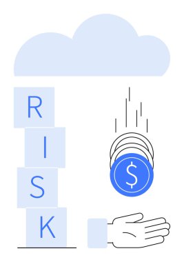 Risk bloklarının yanına bozuk para düşmesi, bulut altında bozuk para yakalaması. Finans, yatırım, iş, hesap verebilirlik, kriz, karar verme, soyut çizgi düz metafor için ideal