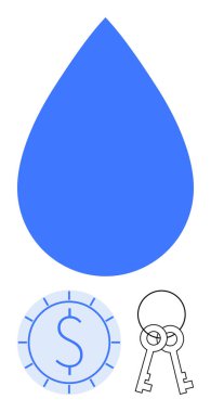 Büyük su damlası, dolar işareti olan bozuk para ve anahtar çifti su tasarrufu, tasarruf, mülkiyet ve kaynak yönetimini temsil ediyor. Finans, gayrimenkul, çevre hizmetlerinin korunması için ideal