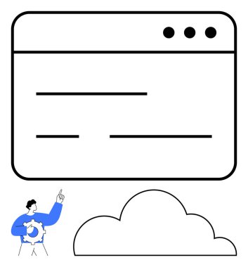 Bir bulutun altındaki özelliklere bakan ayarlar dişli kullanıcı figürlü minimalist web sayfası modeli. Teknoloji, bulut hesaplama, geliştirme, çevrimiçi araçlar, sistem ayarları, kişiselleştirme, düz basit