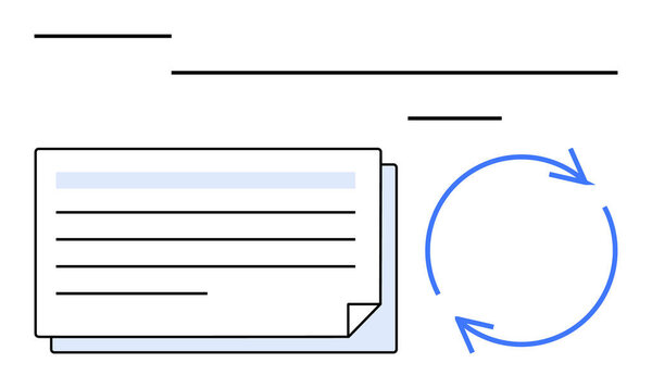 Стековый документ с подкладкой, голубые круглые стрелки, символизирующие рабочий процесс. Идеально подходит для технологических процессов, обновления данных, управления задачами, отслеживания прогресса, обмена файлами, организации, простой простоты