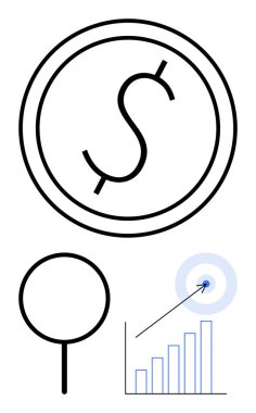 Dolar parası, büyüteç, yükselen grafikler ve tam isabet ekonomik başarıyı, araştırmayı, karar vermeyi ön plana çıkarıyor. Finans, yatırım, strateji analizi liderlik planı için idealdir.