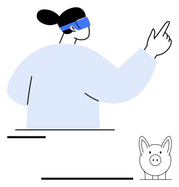 VR kulaklık takan bir kadın kumbaranın yanında el kol hareketi yaparak sanal gerçeklik ve finansal yönetimi birleştiriyor. Teknoloji, yenilik, finans, tasarruf, gelecek vizyon, dijital planlama için ideal