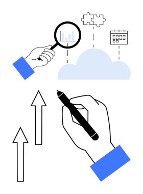 Büyüteçle büyüteç gözlem verileri, kalemle el yazısı, bulut parçaları, yapboz parçaları, oklar. Veri analizi, bulut teknolojisi, stratejik planlama, iş büyümesi verimliliği için ideal