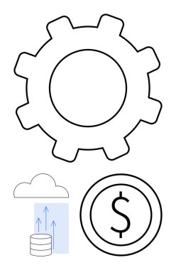 Vites işlevselliği sembolize eder, yukarı doğru oklu bulut depolama verileri ve dolar bozuk para çerçeve değeri. Teknoloji, ticaret, finans, yenilik, üretkenlik, ekonomik büyüme ve bulut için ideal