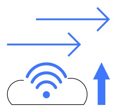 Kablosuz sinyali olan bulut depolama, yukarı doğru ve yatay oklar veri yükleme ve bağlantıyı gösteriyor. Bulut hesaplama, veri akışı, ağ oluşturma, bilgi güvenliği ve dijital için ideal
