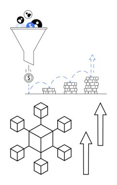 Huni filtreleri gelire götürür, madeni paralar büyümeyi gösteren yığınlara akar, bağlı düğümler ağı temsil eder. Oklar yukarı doğru ilerlemeyi gösteriyor. İş, pazarlama, finans, büyüme ve veri için ideal