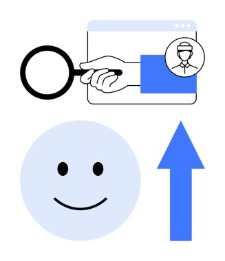 Kullanıcı profili üzerinde büyüteç, yukarı doğru mavi ok ve gülen yüz. Kullanıcı analizi, büyüme, işe alım, müşteri memnuniyeti, optimizasyon, performans iyileştirme için ideal düzlük