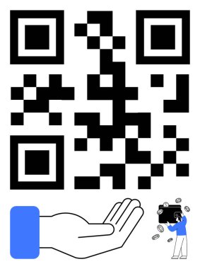 Tarama, açık el ve bozuk para içeren QR kodu nakit para, e-ticaret, mobil cüzdan, bağış, kripto para birimi ve finansal büyümeyi sembolize eder. Teknoloji finansmanı bağışı için ideal.