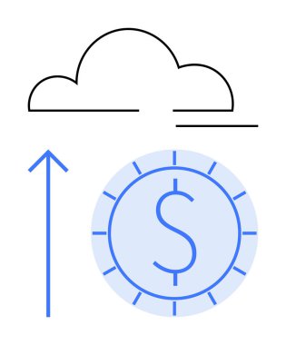 Yükselmeyi simgeleyen yukarı doğru oklu bir bulut simgesi, maddi büyümeyi temsil eden bir doların yanına yerleştirilmiş. Finans, teknoloji, bulut depolama, tasarruf, yatırım, ekonomi yeniliği için ideal. A