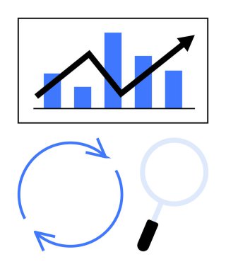 Yukarı doğru ok, büyüteç, veri analizi için dairesel oklar, işlem iyileştirme ve ilerleme izleme ile büyüme tablosu. İş, strateji, analitik, verimlilik araştırması için ideal