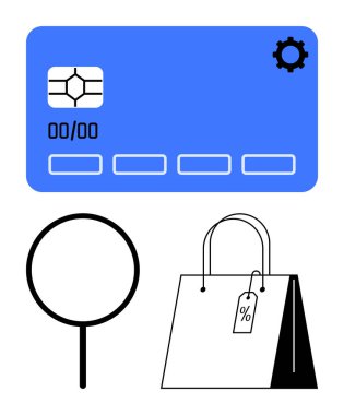 Mavi kredi kartı, büyüteç ve indirim etiketli alışveriş çantası. E-ticaret, alışveriş, ödeme, indirimler, perakende tüketici davranışlarını araştırmak için ideal. Düz basit metafor