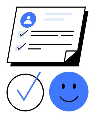 Büyük bir kontrol işareti ve gülen yüzle birlikte işaretli belge. Başarı, başarı, memnuniyet, görev yönetimi, geri bildirim, onay, verimlilik için ideal. Düz basit metafor