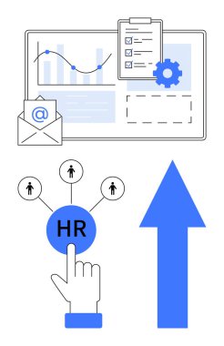 E- posta, analitik çizelge, kontrol listesi, rakamlara bağlanan HR düğümü, yukarı doğru ok. Personel alımı, personel yönetimi, kariyer büyümesi, İK geliştirme organizasyon planlaması için ideal