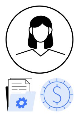 Bir dişli klasörü, kağıtları ve para birimi simgesinin üzerinde bir daire içinde kadın profil avatarı. İş, muhasebe, finans, yönetim, insan kaynakları yönetim eğitimi için idealdir. Düz basit metafor