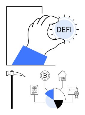 DeFi etiketli para, kripto madenciliğini temsil eden kazma, engelleme zincirine bağlı pasta grafiği ve mali varlıklar mülkiyet ve sertifikaları onaylıyor. Kripto para birimi için ideal, engelleme zinciri