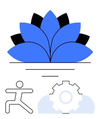 Mavi nilüfer tasarımı insan figürü ve teçhizatı ile minimal biçimde eşleştirildi. Sağlık, sağlık, farkındalık, yaratıcılık, fitness, kişisel gelişim, üretkenlik, düz metafor için ideal