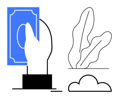 El ele tutuşan kağıt para, soyut bitki ve bulut çizgileri. Finans, yatırım, büyüme, sürdürülebilirlik, iş finansmanı, ekolojik bilinç ekonomisi, tasarruflar için ideal. Düz basit metafor