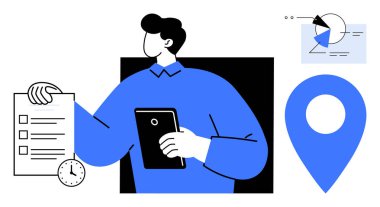 Elinde tablet ve kontrol listesi olan kişi, zaman yönetimini sembolize eden saat, analiz çizelgesi, lokasyon şifresi. Planlama, organizasyon, üretkenlik, veri analizi, planlama görevi için ideal